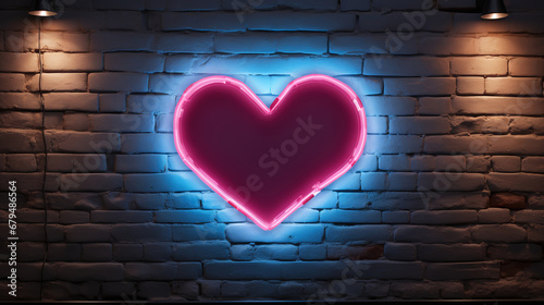 Neon heart with a glow on the background of a dark brick wall, Neon sign pink and blue. generative ai