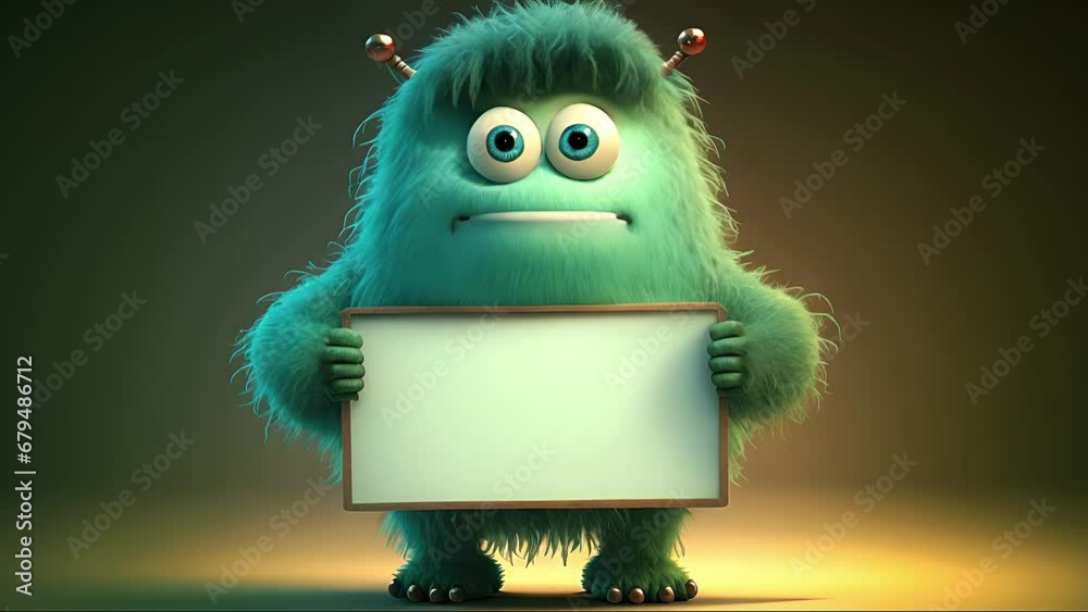 Cute cartoon monster character holding a blank sign. Created with generative AI.	
