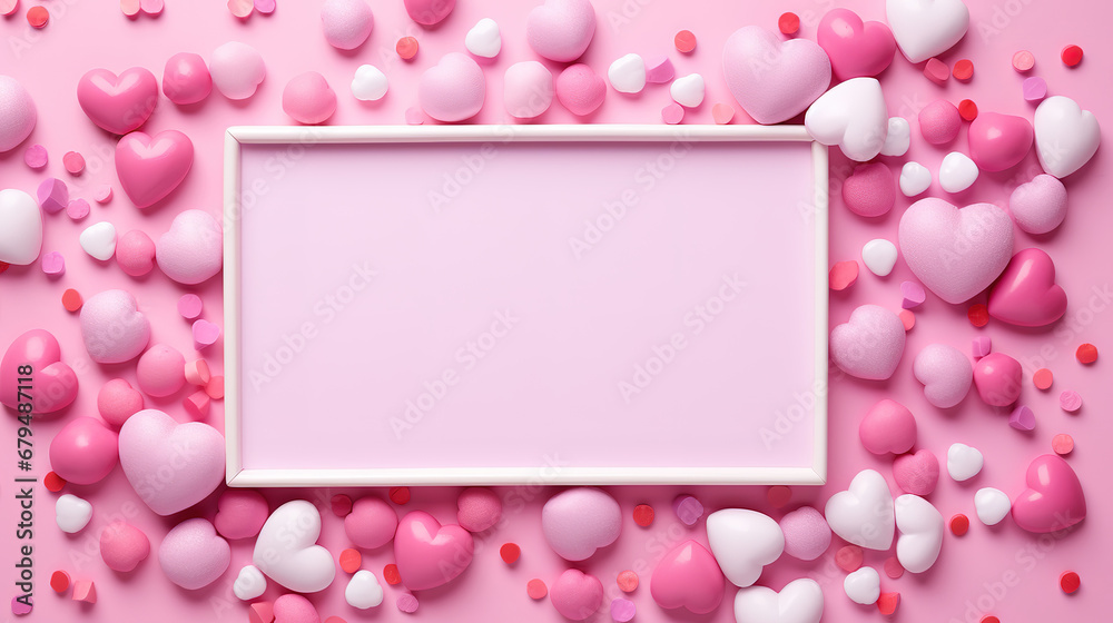 Valentines Day, love concept. Mock up frame made of confetti, heart symbol accessories. generative ai