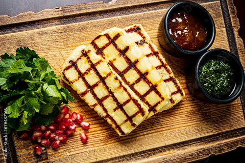 Photography Grilled Halloumi cheese, Cyprus squeaky cheese,