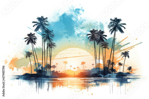 Illustration of palm trees on the beach with ocean sea, watercolor painting of palm trees isolated on white background photo