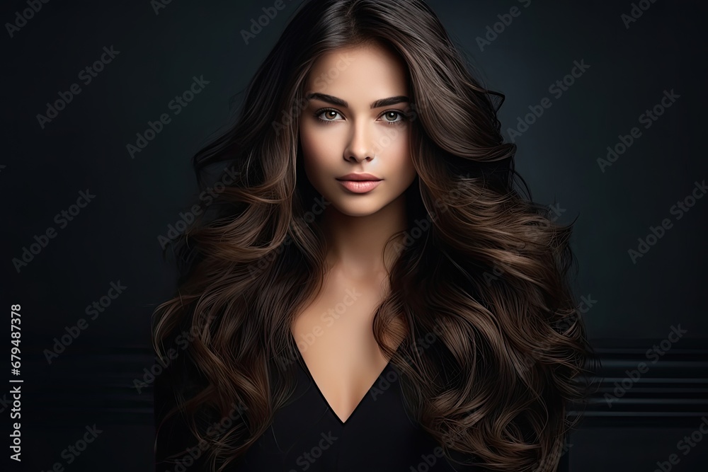 Portrait of a beautiful brunette with long wavy hair on a dark background. Generated by AI.