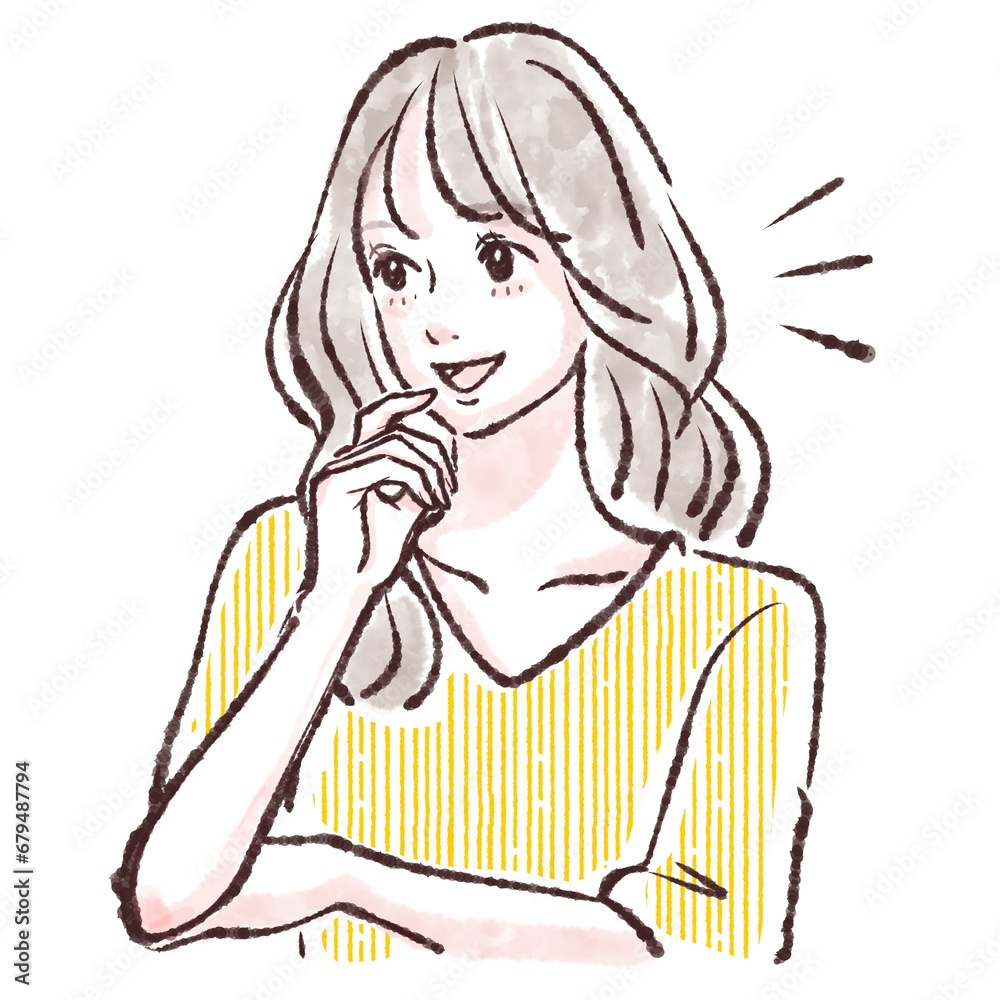 笑う/喜ぶ/気づく/閃く/ひらめき/思いつく/思い出す/嬉しい/ご機嫌/笑顔/おしゃべり/喋る//女性・女の子のイラスト素材 笑う/喜ぶ/気づく/閃く/ひらめき/思いつく/思い出す/嬉しい/ご機嫌/笑顔/おしゃべり/喋る//女性・女の子のイラスト素材
