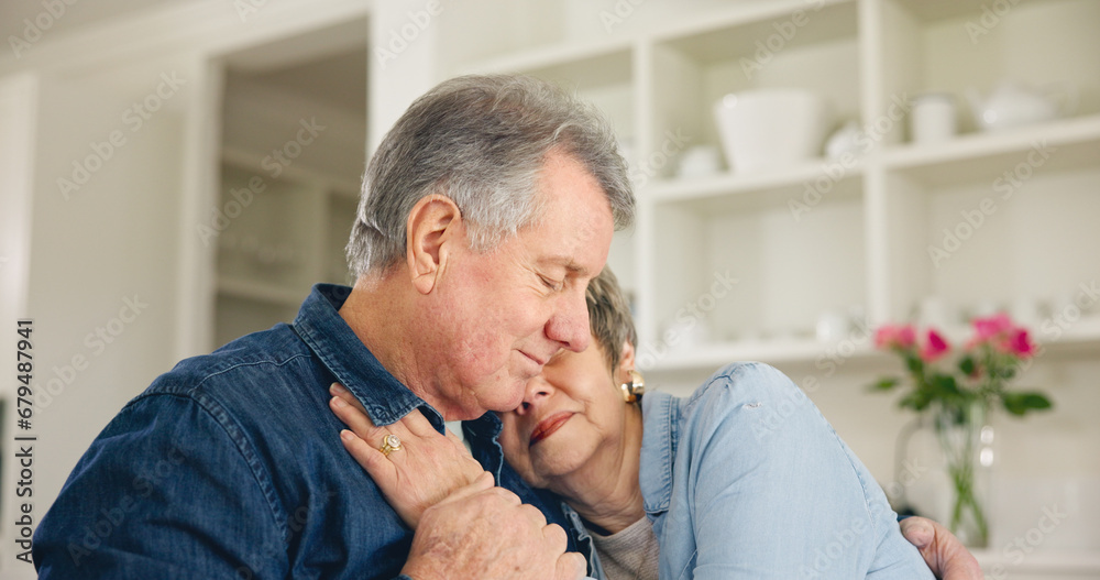 Wall Mural Love, hug and mature couple, man or marriage partner affection, kindness and care for wife, husband or spouse