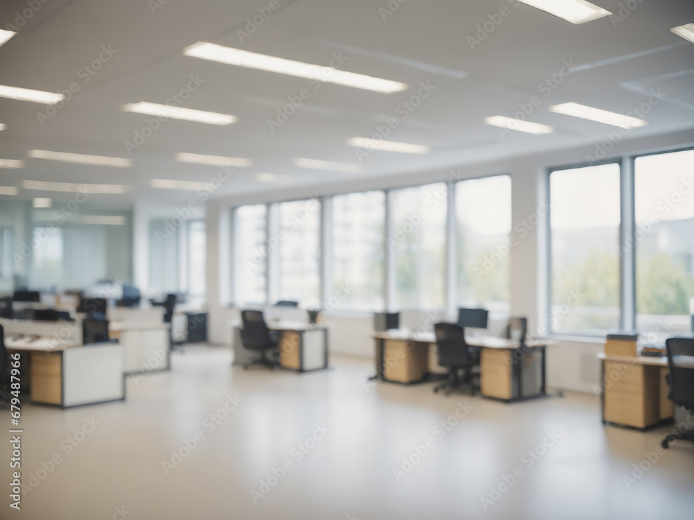 A vast, empty office space with a blurred foreground and a bokeh-filled background