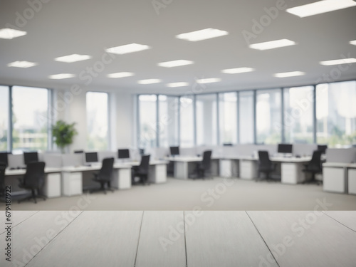 A bright and airy office space with a blurred foreground and a bokeh-filled background