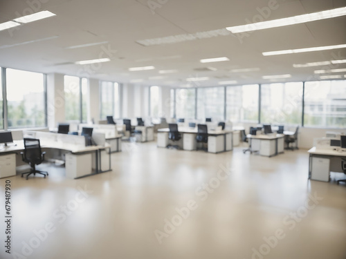 A stylish office interior with a blurred foreground and a bokeh-filled background