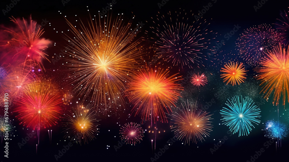 Beautiful bright exploding fireworks background against the backdrop of the night sky in celebration of the New Year or festival.
