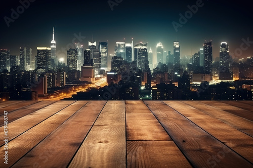Wooden floors or balconies against the backdrop of city lights at night © Komkit