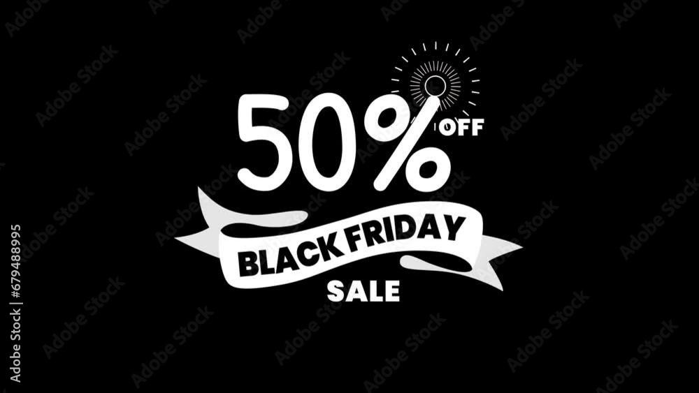 Black Friday Sale 50 percent off Lettering Text Animation in White Color on Transparent Background Alpha Channel. Great for promo video. concept of sale and clearance