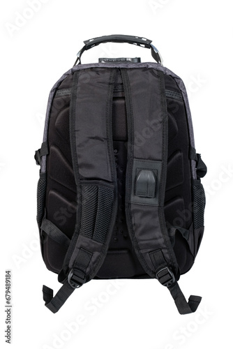 Rear view of a modern gray tourist backpack.