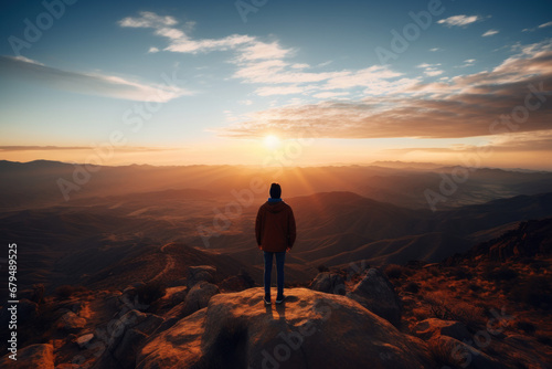 Man standing on mountain peak watching beautiful scenery in mountains during summer sunset. Successful hiker enjoying high mountain peak with travel and adventure.