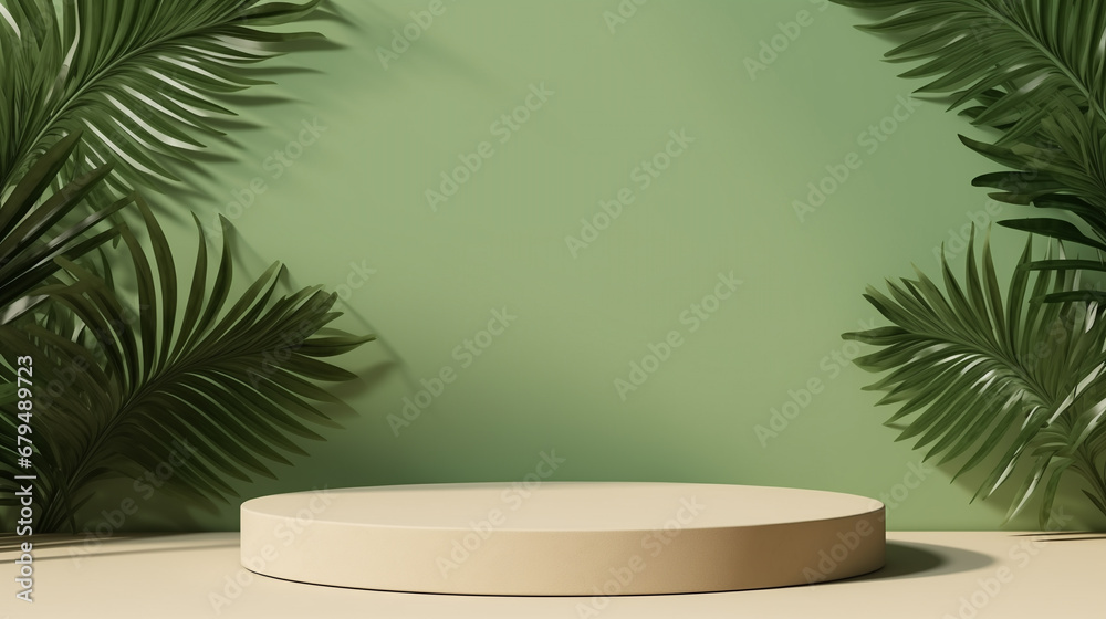 Branches with green leaves at edge on concrete wall, poster mockup for design Branches with green leaves at edge on concrete wall, poster mockup for design