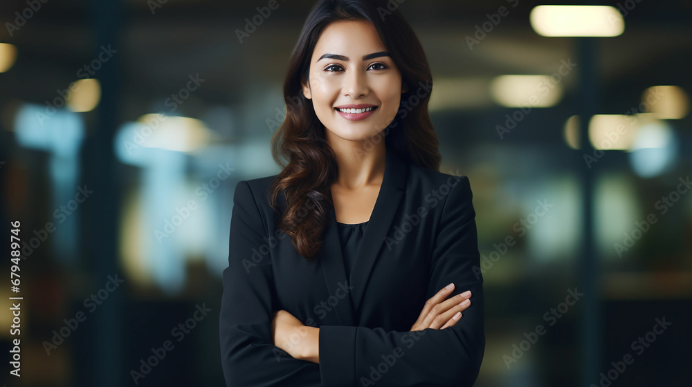 Naklejka premium Young confident smiling Asian business woman leader, successful entrepreneur, professional company executive ceo manager, wearing suit standing in office with arms crossed. Made with generativ ai