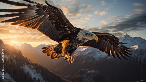 Eagle bird flying at nature lake on sunset sky background. Aninmal and freedom concept. Generative ai.