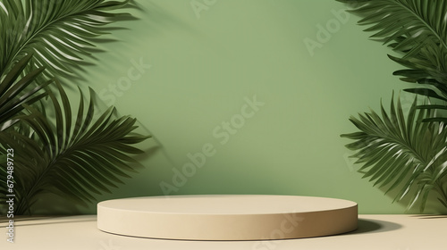 Branches with green leaves at edge on concrete wall, poster mockup for design