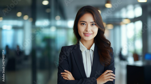 Young confident smiling Asian business woman leader  successful entrepreneur  professional company executive ceo manager  wearing suit standing in office with arms crossed. Made with generativ ai