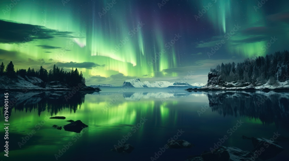 Northern lights over lake. aurora with clear reflection on the lake. beautiful scenery. 