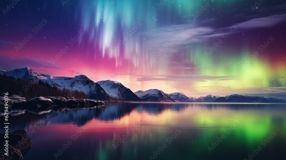 Northern lights over lake. aurora with clear reflection on the lake. beautiful scenery. 