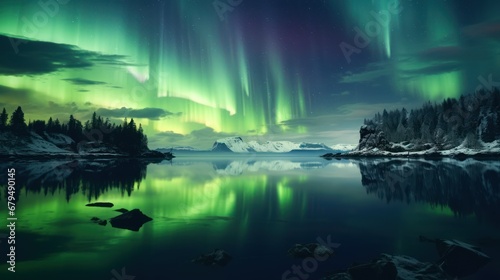 Northern lights over lake. aurora with clear reflection on the lake. beautiful scenery.  © Gasi