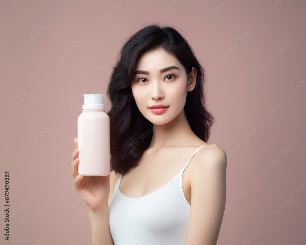 Asian woman holding mockup product bottle cosmetic for advertising Asian woman holding mockup product bottle cosmetic for advertising