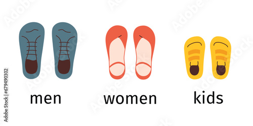 Kinds of footwear, women, men and kids shoes, categories for online store, hand drawn composition with casual minimalist, barefoot shoes, doodle icons of sneakers, shoe categories vector illustration