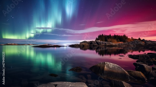 Northern lights over lake. aurora with clear reflection on the lake. beautiful scenery. 