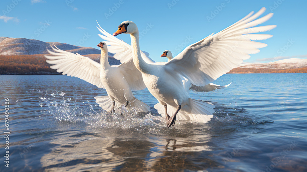 Fototapeta premium swan in flight HD 8K wallpaper Stock Photographic Image 