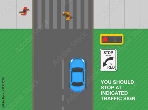 Safe driving tips and traffic regulation rules. Stop here on red signal. Top view of car stopped at crosswalk. Flat vector illustration template.