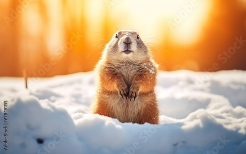 Cute fluffy photorealistic groundhog standing on the snow in the warm sunlight on blurred background. Happy groundhog day banner or poster. De focus, golden hour. AI Generative © your_inspiration