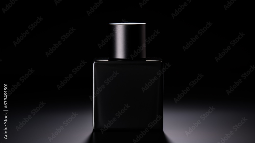 black bottle with perfume on a black background
