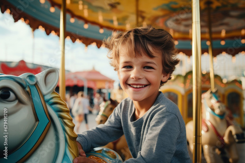 Kid boy having fun on a carnival carousel at an amusement park