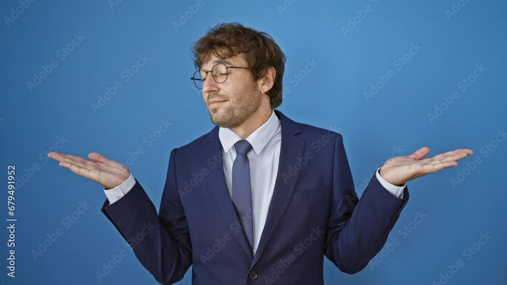 Cheerful young man in business suit showing open palms with a balance gesture, smiling while presenting a comparison concept on isolated blue background Cheerful young man in business suit showing open palms with a balance gesture, smiling while presenting a comparison concept on isolated blue background
