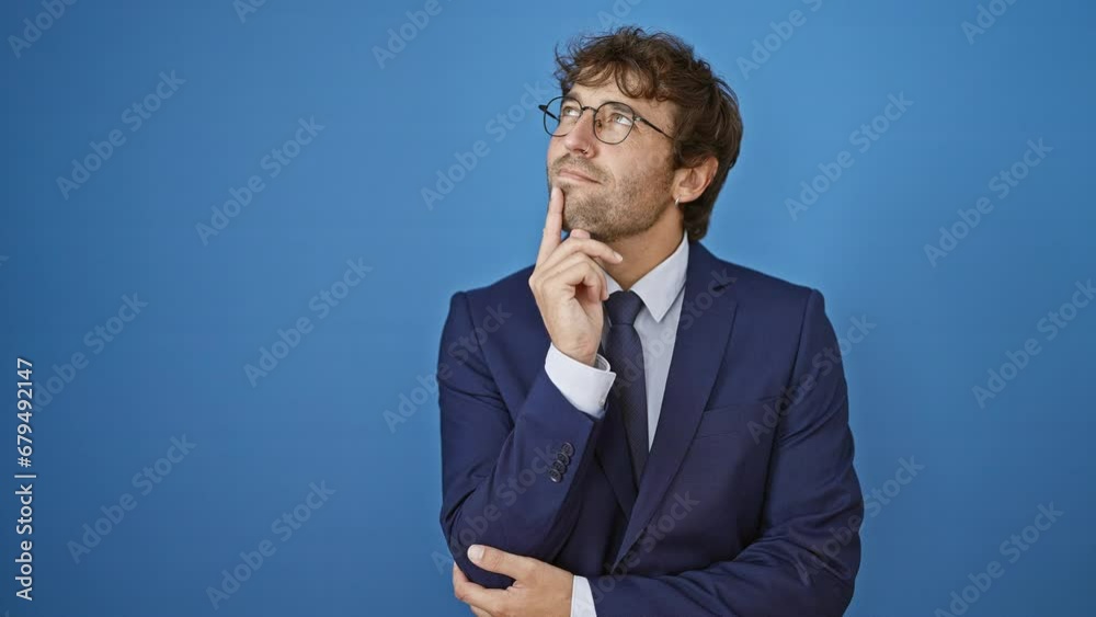 Young man wearing business suit with hand on chin thinking about question, pensive expression. smiling and thoughtful face. doubt concept. over isolated blue background Young man wearing business suit with hand on chin thinking about question, pensive expression. smiling and thoughtful face. doubt concept. over isolated blue background
