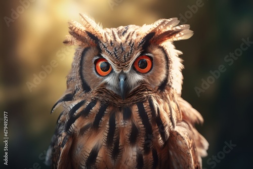 Portrait of a beautiful owl with orange eyes on a natural background