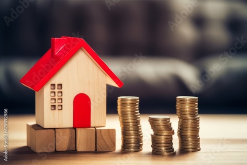 House model and stack of coins on wooden table, real estate and investment concept