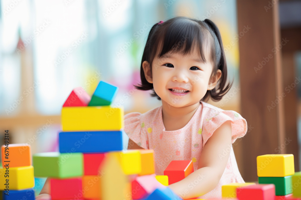 Asian Kid girl playing with colorful baby toy Asian Kid girl playing with colorful baby toy