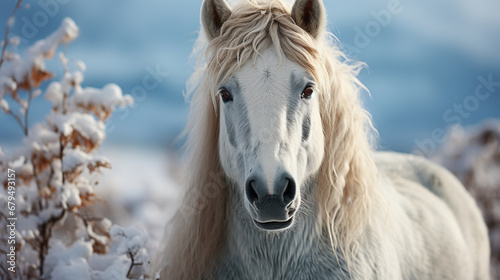 white horse in winter. winter concept created generative with Ai tools