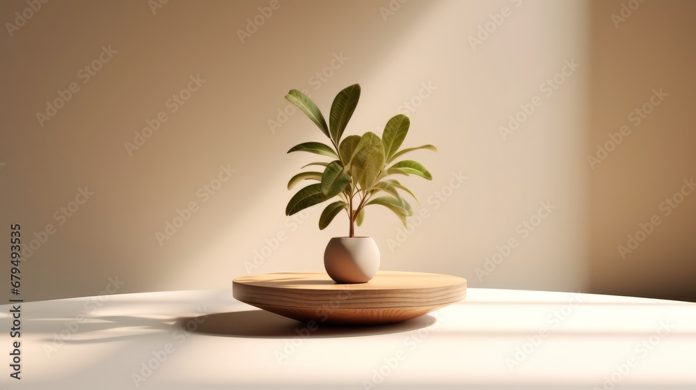 Wooden podium with a plant in a pot. 3d render