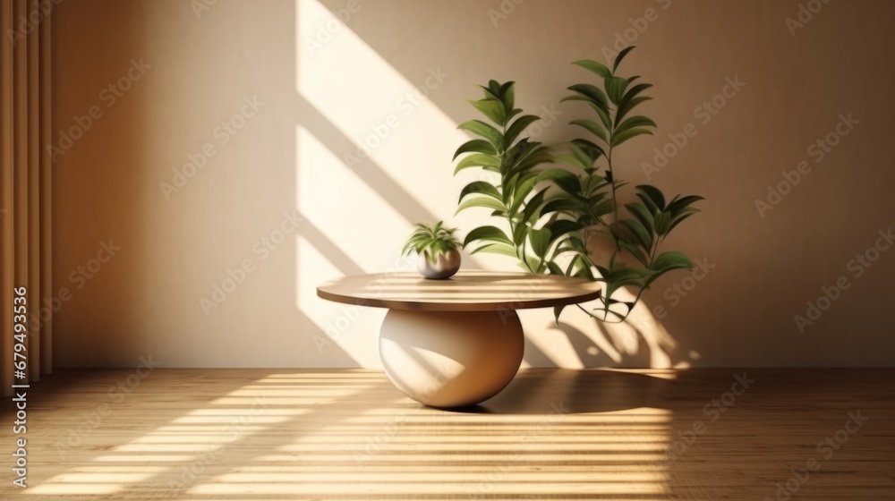 3d render of vase with plant on the wooden floor.
