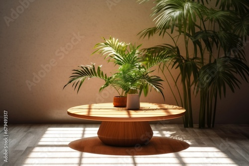 Potted house plants on wooden table in room. 3d rendering