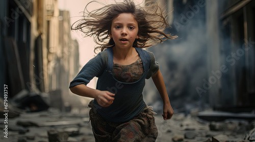 Scared terrified Innocent young girl running away from an airstrike. War concept photo
