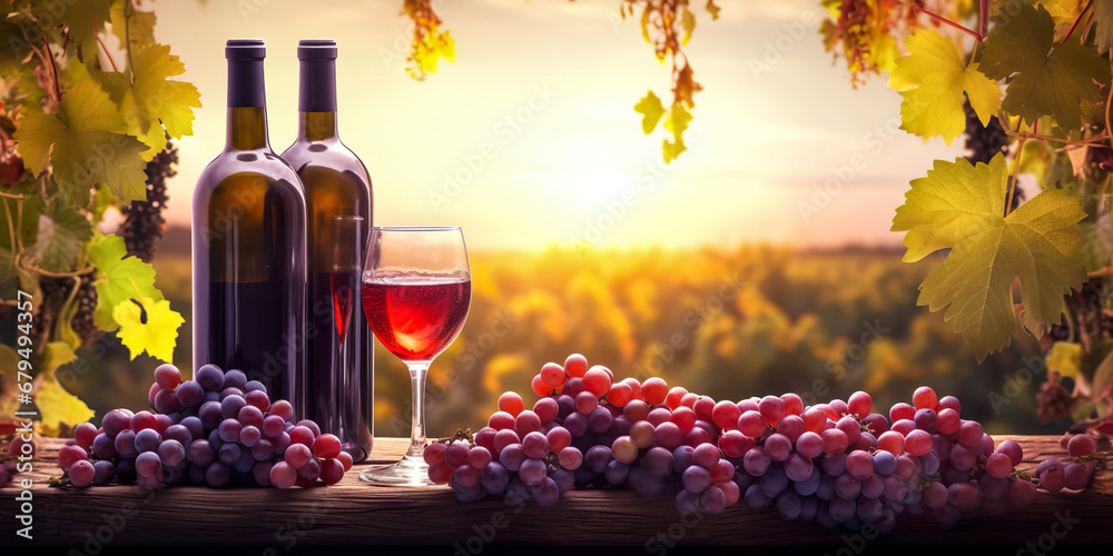 Wine Bottles And Wine Glasses With Grapes At Sunset On Wooden Table - Generative AI