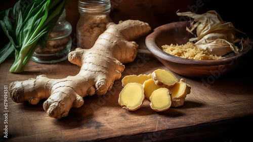 Fototapeta Naklejka Na Ścianę i Meble -  Wooden Table Topped With Ginger Roots And Fresh Grated Ginger - Generative AI
