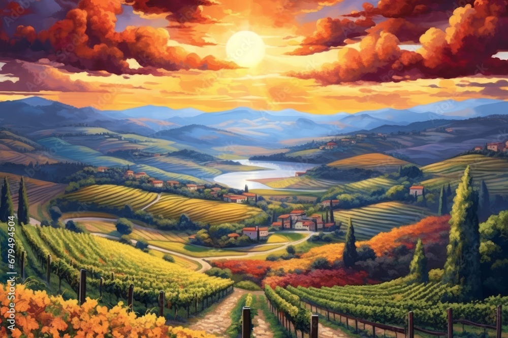 Tuscany landscape with vineyards at sunset Digital painting. Colorful landscape.