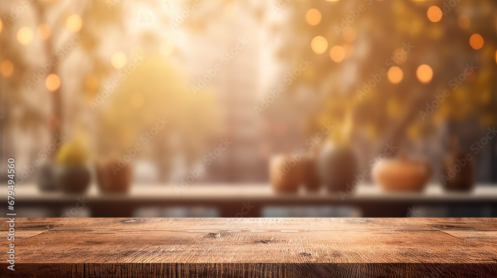 Wooden table in front of blurred cafe with bokeh lights
