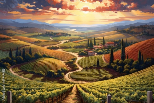 Tuscany landscape with vineyards at sunset Digital painting. Colorful landscape.