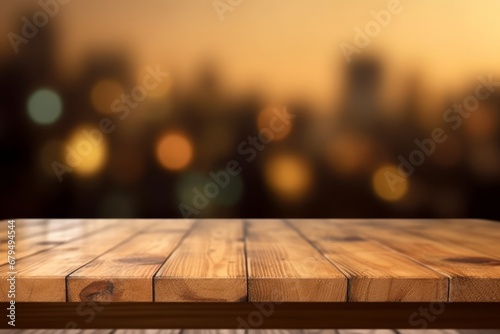 Empty wooden table for product display montages with blurred cityscape background. photo