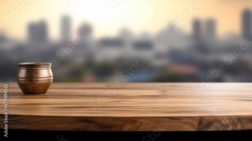 Empty wooden table and blurred view of cityscape background. For product display