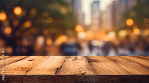 Empty wooden table for product display montages with bokeh background photo